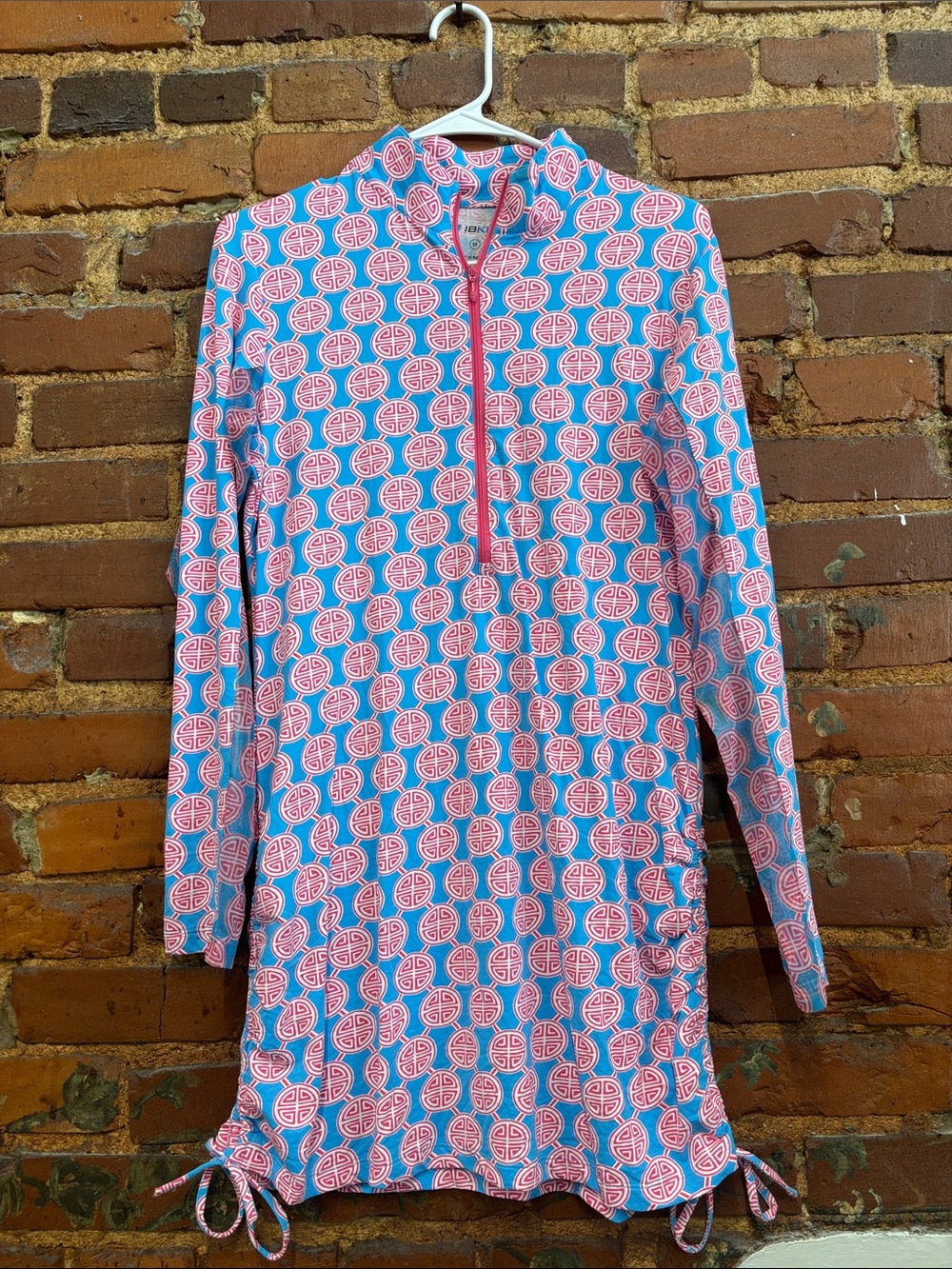 IBKUL Ashley PartialZip Vented Long-sleeve Blue Pink Medallion Print Dress Sz M